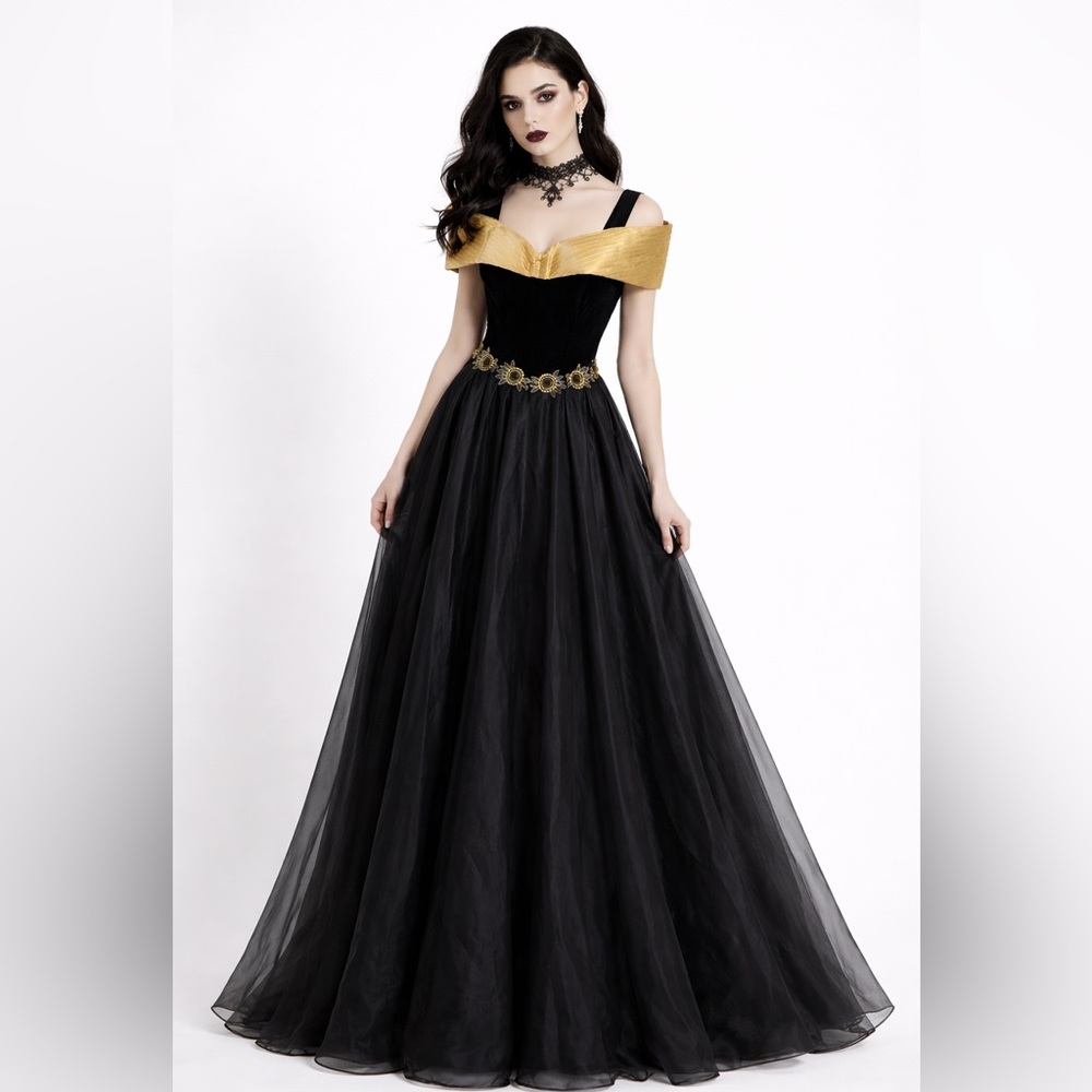 Vintage 90s Whimsigoth Gothic Black Velvet Gold Off Shoulder Prom Dress NWT USA